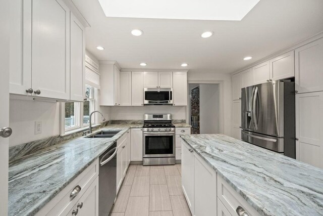 307 Riverview Dr, Chatham, MA 02633 - kitchen with recessed lighting, appliances with stainless steel finishes, white cabinetry, and a sink