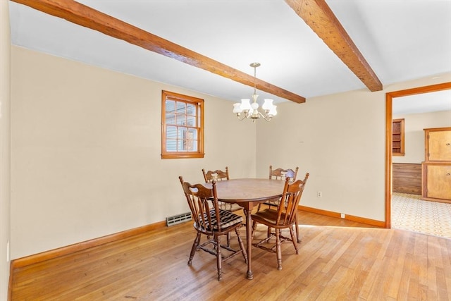 dining space featuring light hardwood / wood-style floors, a chandelier, and beamed ceiling