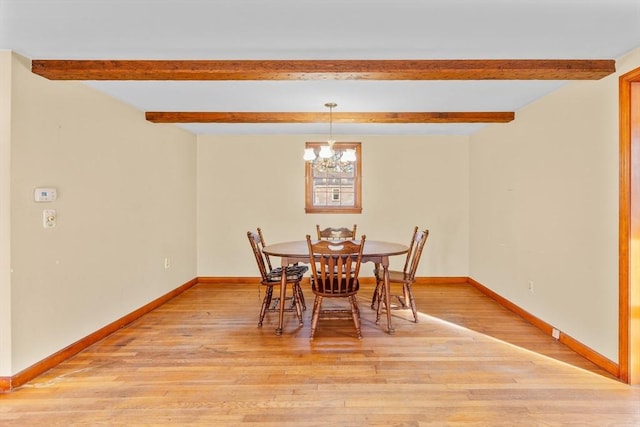 dining space with beam ceiling, light hardwood / wood-style flooring, and an inviting chandelier