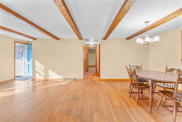 dining area with light wood-type flooring, beam ceiling, and an inviting chandelier