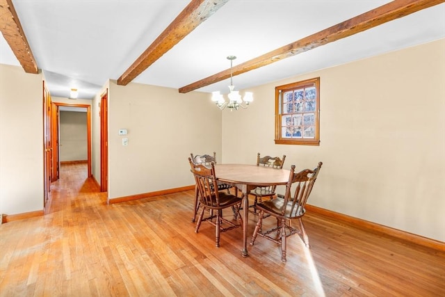 dining room featuring light hardwood / wood-style flooring, beamed ceiling, and an inviting chandelier