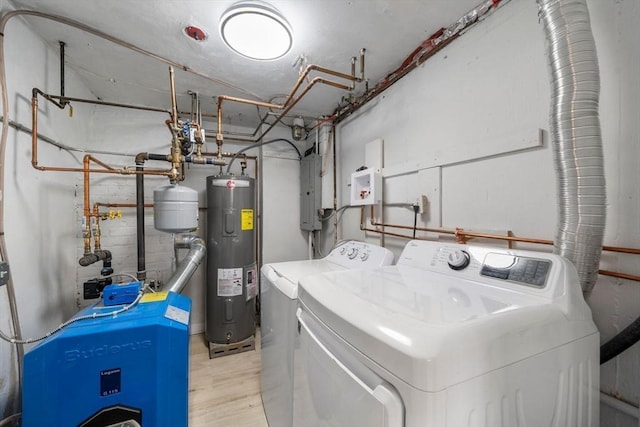 152 Audubon Ave, Braintree, MA 02184 - clothes washing area featuring water heater, washing machine and clothes dryer, a heating unit, light wood-style floors, and electric panel
