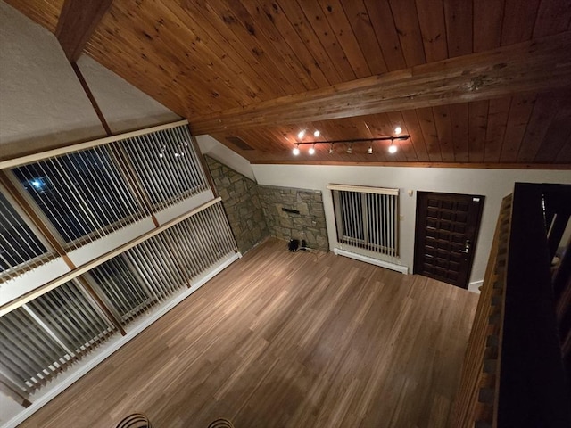 bonus room with beamed ceiling, hardwood / wood-style flooring, and wooden ceiling