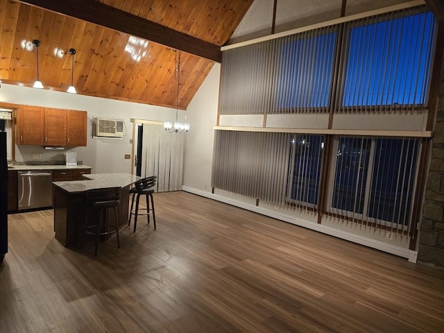 kitchen with high vaulted ceiling, dishwasher, a kitchen bar, hanging light fixtures, and a center island