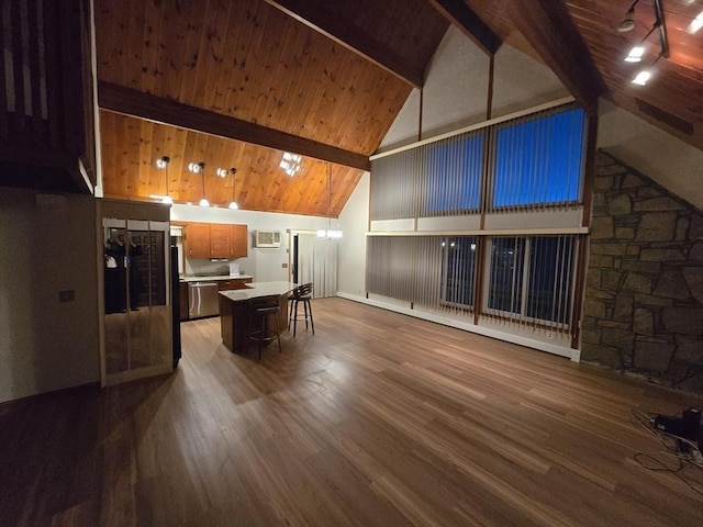 unfurnished living room with wood ceiling, beam ceiling, high vaulted ceiling, and hardwood / wood-style flooring