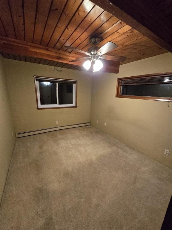 spare room featuring carpet flooring, a baseboard heating unit, ceiling fan, wooden ceiling, and beam ceiling