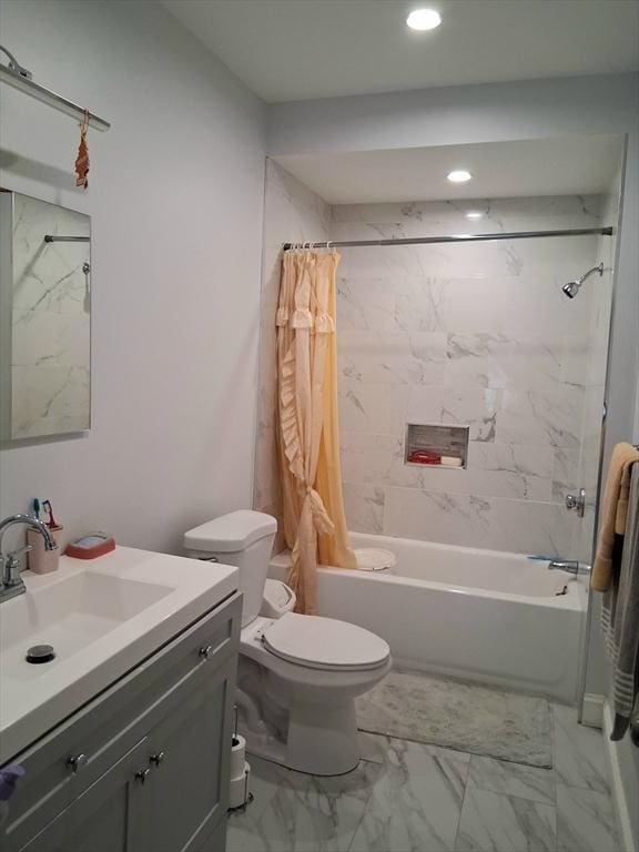 23 Barry St, Brockton, MA 02302 - full bath featuring shower / bath combo, toilet, marble finish flooring, vanity, and recessed lighting