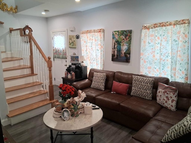 23 Barry St, Brockton, MA 02302 - living room featuring wood finished floors, stairs, and recessed lighting