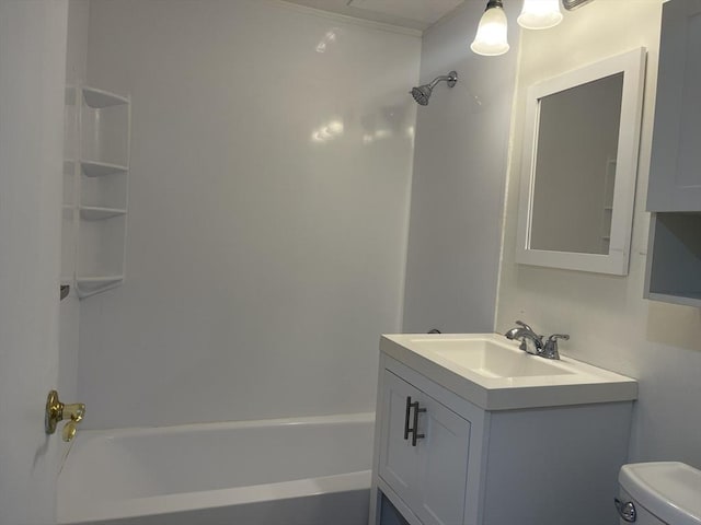 bathroom with toilet, shower / bath combination, and vanity