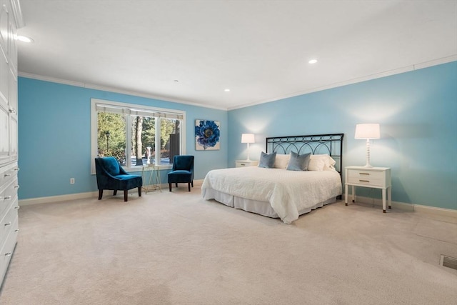 bedroom featuring ornamental molding and light carpet