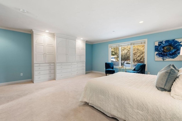 carpeted bedroom with ornamental molding