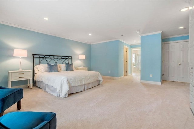 carpeted bedroom with crown molding