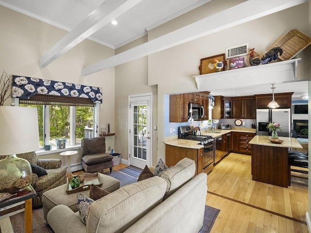 10 Robinhood Rd, Tyngsborough, MA 01879 - living room featuring crown molding, light wood-style flooring, a towering ceiling, a baseboard heating unit, and recessed lighting