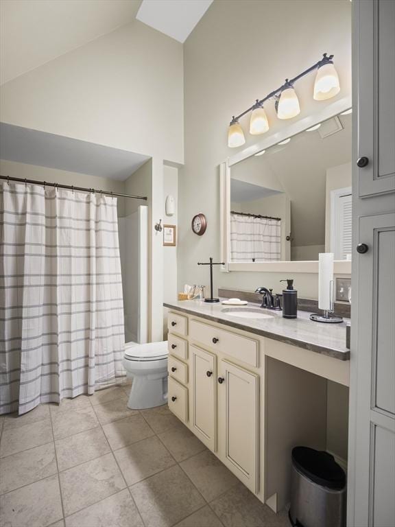 10 Robinhood Rd, Tyngsborough, MA 01879 - bathroom featuring toilet, tile patterned floors, high vaulted ceiling, vanity, and curtained shower