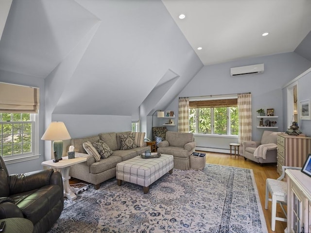10 Robinhood Rd, Tyngsborough, MA 01879 - living area with a wall mounted AC, lofted ceiling, wood finished floors, baseboard heating, and recessed lighting