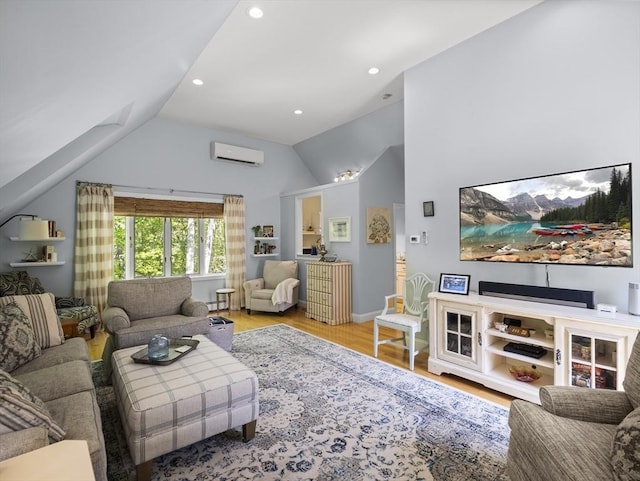10 Robinhood Rd, Tyngsborough, MA 01879 - living area with an AC wall unit, wood finished floors, high vaulted ceiling, and recessed lighting