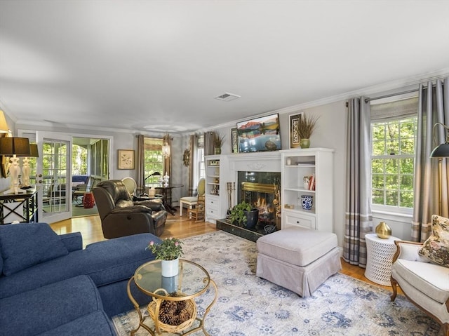 10 Robinhood Rd, Tyngsborough, MA 01879 - living area with crown molding, healthy amount of natural light, a fireplace, and wood finished floors