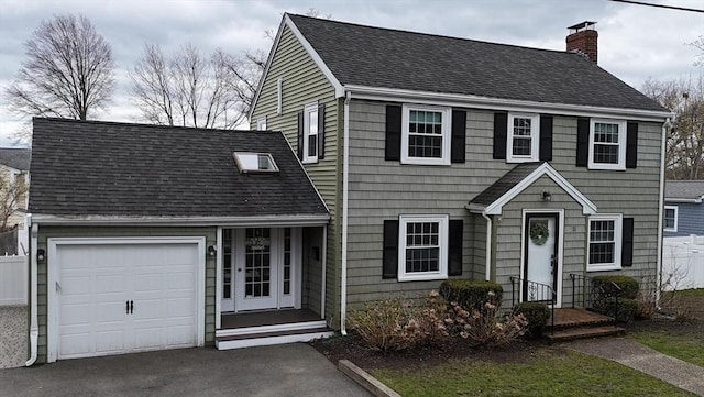 colonial house featuring a chimney, roof with shingles, and driveway