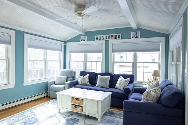 living room featuring light wood-type flooring, vaulted ceiling with beams, a baseboard heating unit, and a ceiling fan