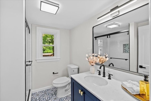 7 Curran Ter, Randolph, MA 02368 - bathroom with a shower with shower door, toilet, tile patterned floors, vanity, and baseboards