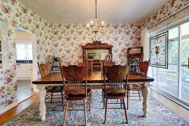96 Robinson Ave, Attleboro, MA 02703 - dining room featuring wallpapered walls, a chandelier, and wood finished floors