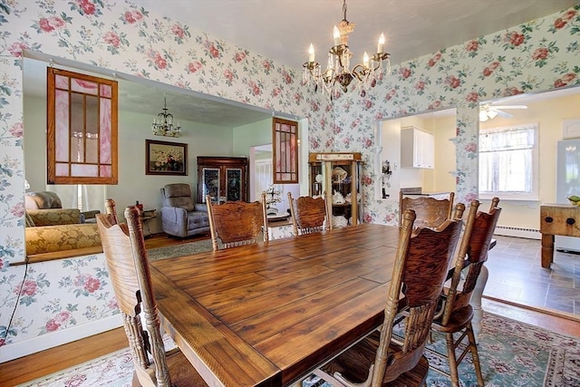 96 Robinson Ave, Attleboro, MA 02703 - dining area featuring wallpapered walls, a chandelier, baseboard heating, wood finished floors, and a ceiling fan