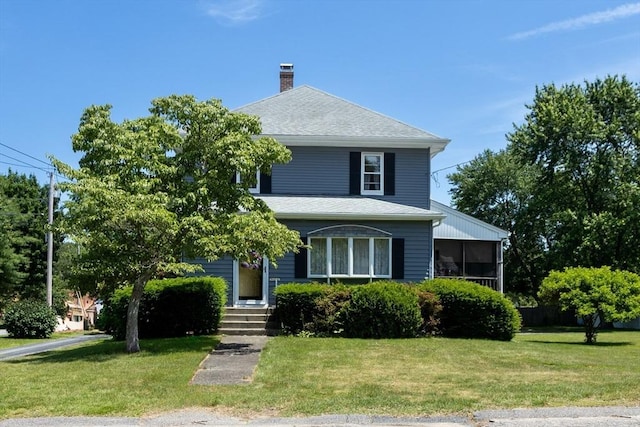 96 Robinson Ave, Attleboro, MA 02703 - american foursquare style home with a chimney, a front lawn, a shingled roof, and a sunroom