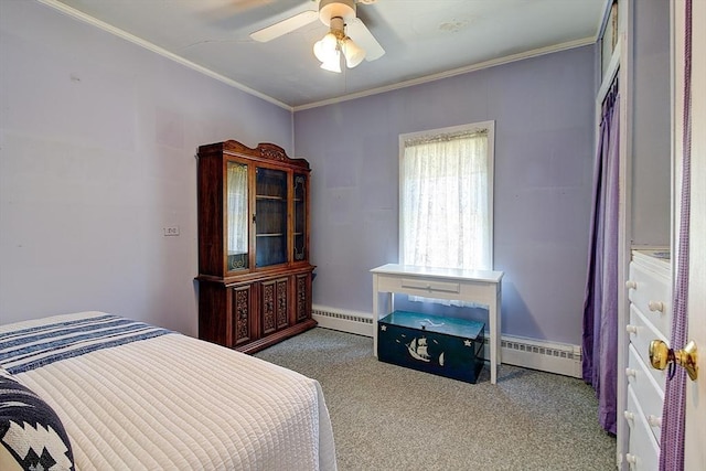 96 Robinson Ave, Attleboro, MA 02703 - bedroom featuring baseboard heating, carpet floors, ornamental molding, and a ceiling fan