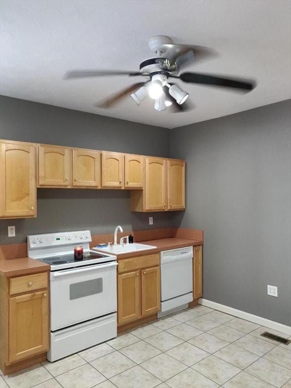 kitchen with white appliances, ceiling fan, and sink