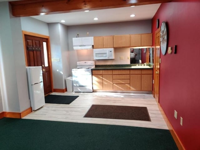 kitchen with white appliances, light hardwood / wood-style floors, and beamed ceiling