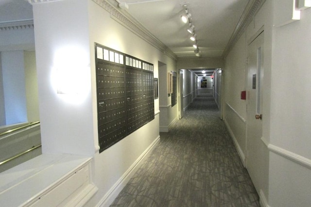 corridor with track lighting, mail area, baseboards, and ornamental molding