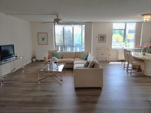 living area with ceiling fan, baseboards, plenty of natural light, and wood finished floors