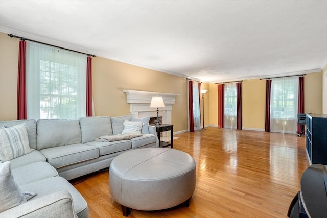 living room featuring light wood-type flooring, crown molding, and baseboards