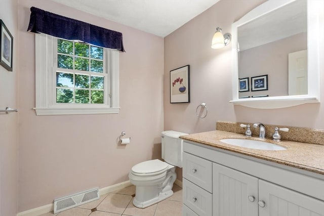 half bath featuring baseboards, visible vents, toilet, tile patterned floors, and vanity