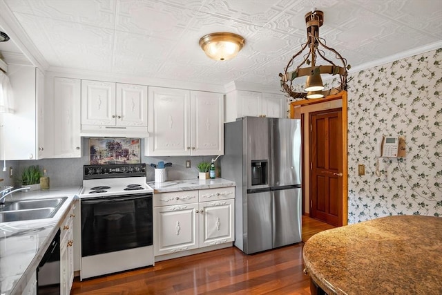 12 Cassidy Dr, Woburn, MA 01801 - kitchen with stainless steel refrigerator with ice dispenser, electric stove, a sink, dark wood-style floors, and under cabinet range hood