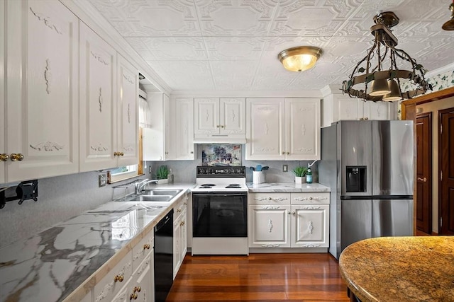 12 Cassidy Dr, Woburn, MA 01801 - kitchen featuring white electric stove, stainless steel refrigerator with ice dispenser, under cabinet range hood, black dishwasher, and an ornate ceiling