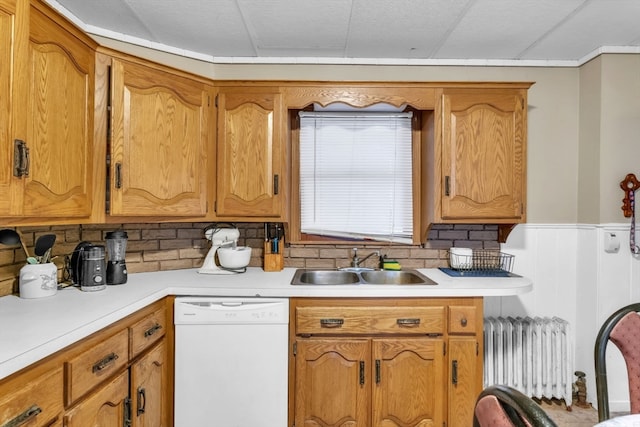 kitchen with backsplash, white dishwasher, and sink