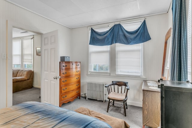 bedroom featuring radiator, light carpet, and multiple windows