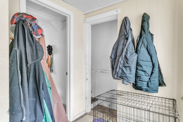 mudroom featuring wooden walls