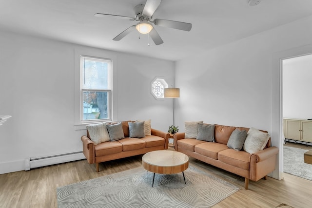 living room featuring light hardwood / wood-style flooring, a baseboard heating unit, and ceiling fan