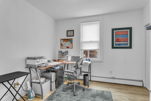 home office featuring light hardwood / wood-style floors and a baseboard radiator