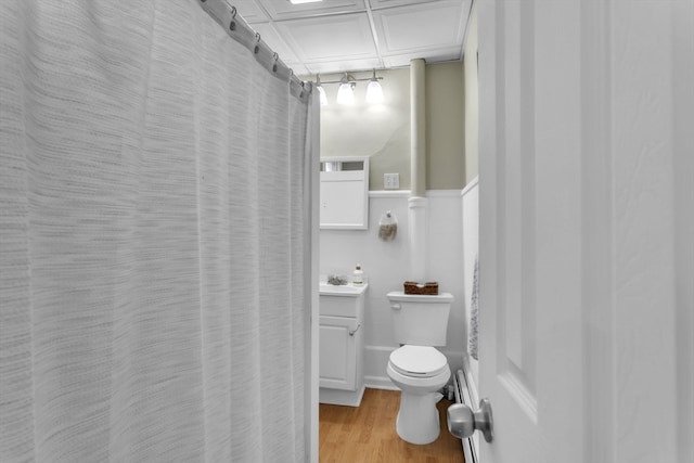 bathroom with vanity, hardwood / wood-style floors, toilet, and walk in shower