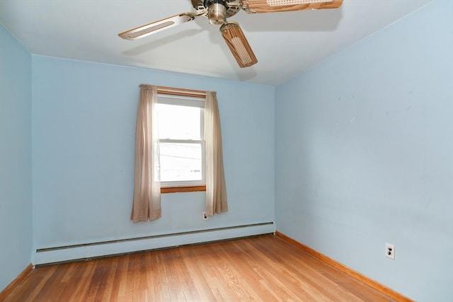 spare room featuring ceiling fan, light hardwood / wood-style floors, and a baseboard heating unit