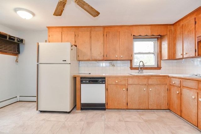 kitchen featuring backsplash, ceiling fan, white appliances, and sink