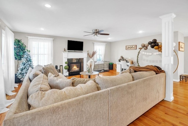 living room featuring ceiling fan and hardwood / wood-style flooring