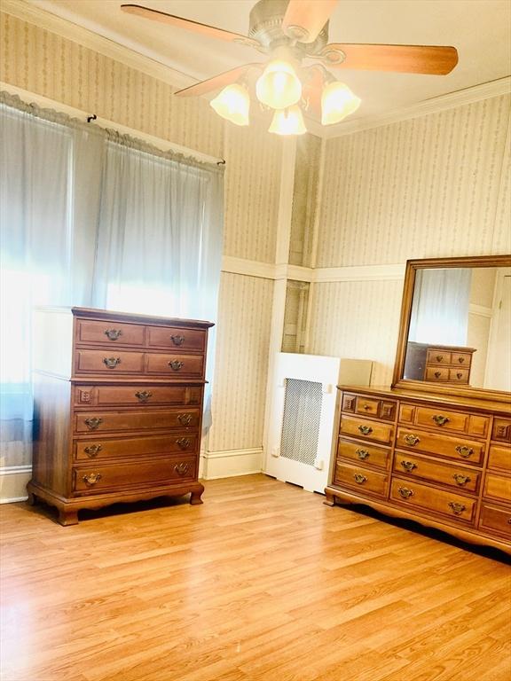 1123 S Broadway, East Providence, RI 02914 - bedroom with wallpapered walls, light wood finished floors, wainscoting, crown molding, and ceiling fan