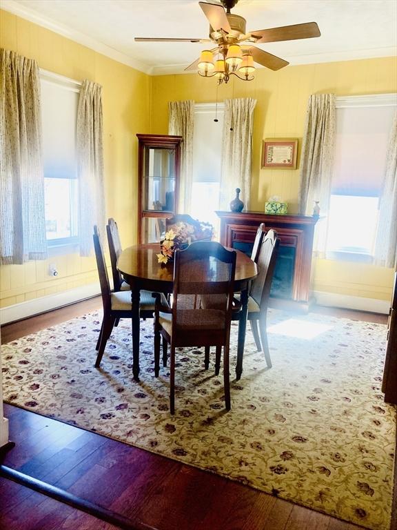 1123 S Broadway, East Providence, RI 02914 - dining space featuring ceiling fan, hardwood / wood-style flooring, and ornamental molding