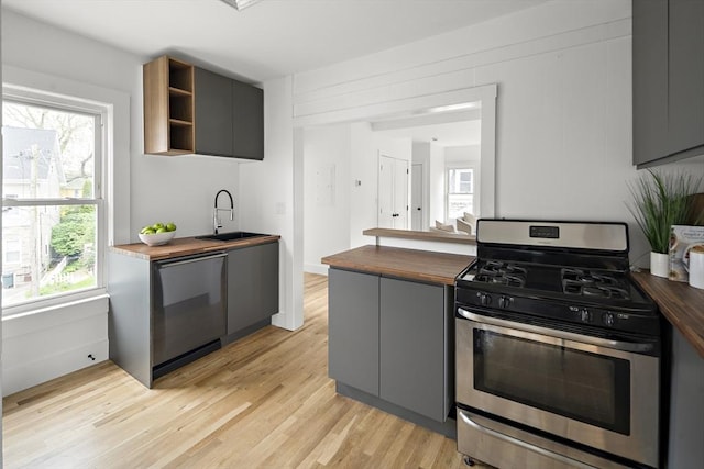 17 Bow Street Pl Unit 2, Somerville, MA 02143 - kitchen featuring appliances with stainless steel finishes, wood counters, a sink, and open shelves