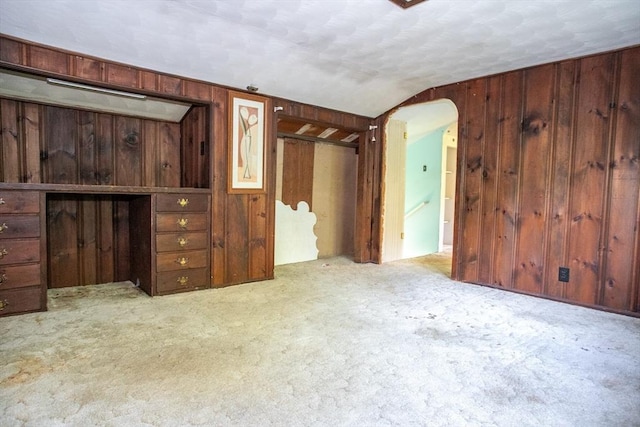 42 Giasson St, Hudson, MA 01749 - unfurnished living room featuring wood walls, arched walkways, carpet floors, and vaulted ceiling