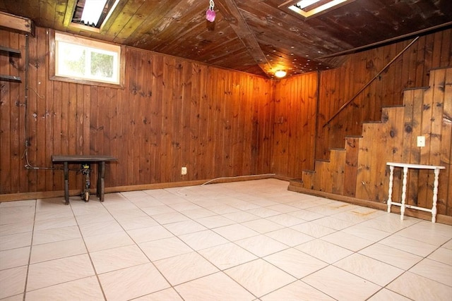 42 Giasson St, Hudson, MA 01749 - basement featuring wooden ceiling, wooden walls, stairs, and baseboards
